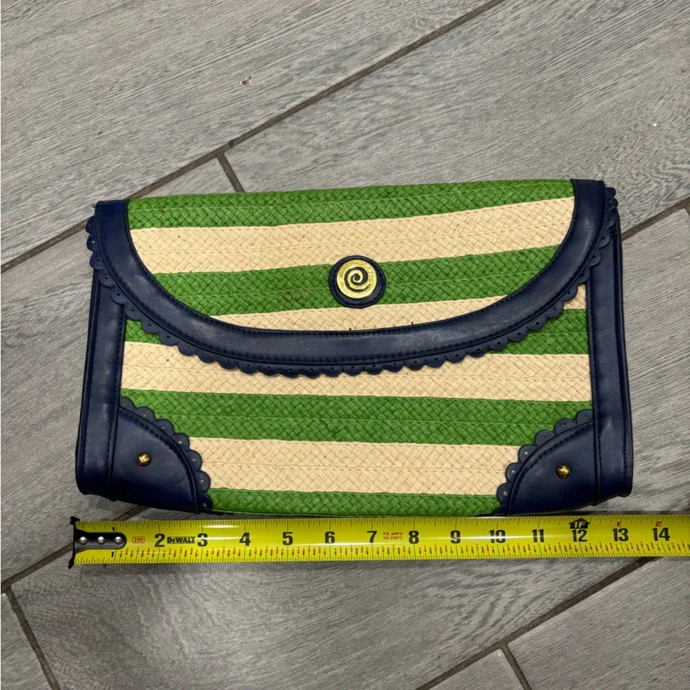 Mudpie Straw Clutch Handbag Envelope Purse Woven Blue Green Stripe Beach - Picture 3 of 7